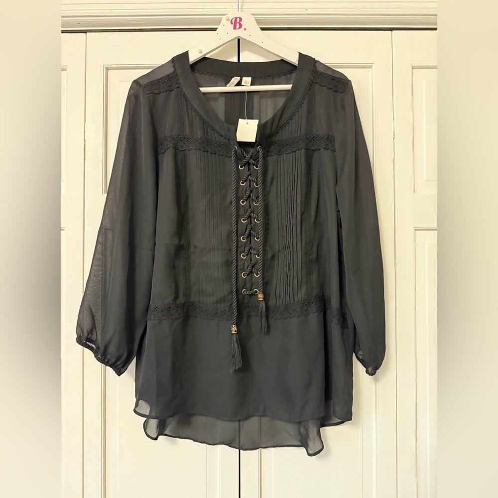 NWT Cato BLACK SHEER GROMMET LACE UP TASSEL TIE PLEATED Whimsigoth FairyGrunge